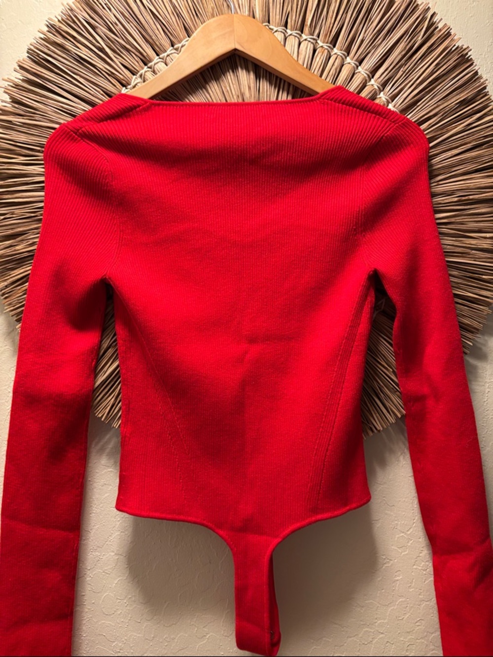 Square Neck Long Sleeve Red Ribbed Bodysuit - Picture 5 of 6